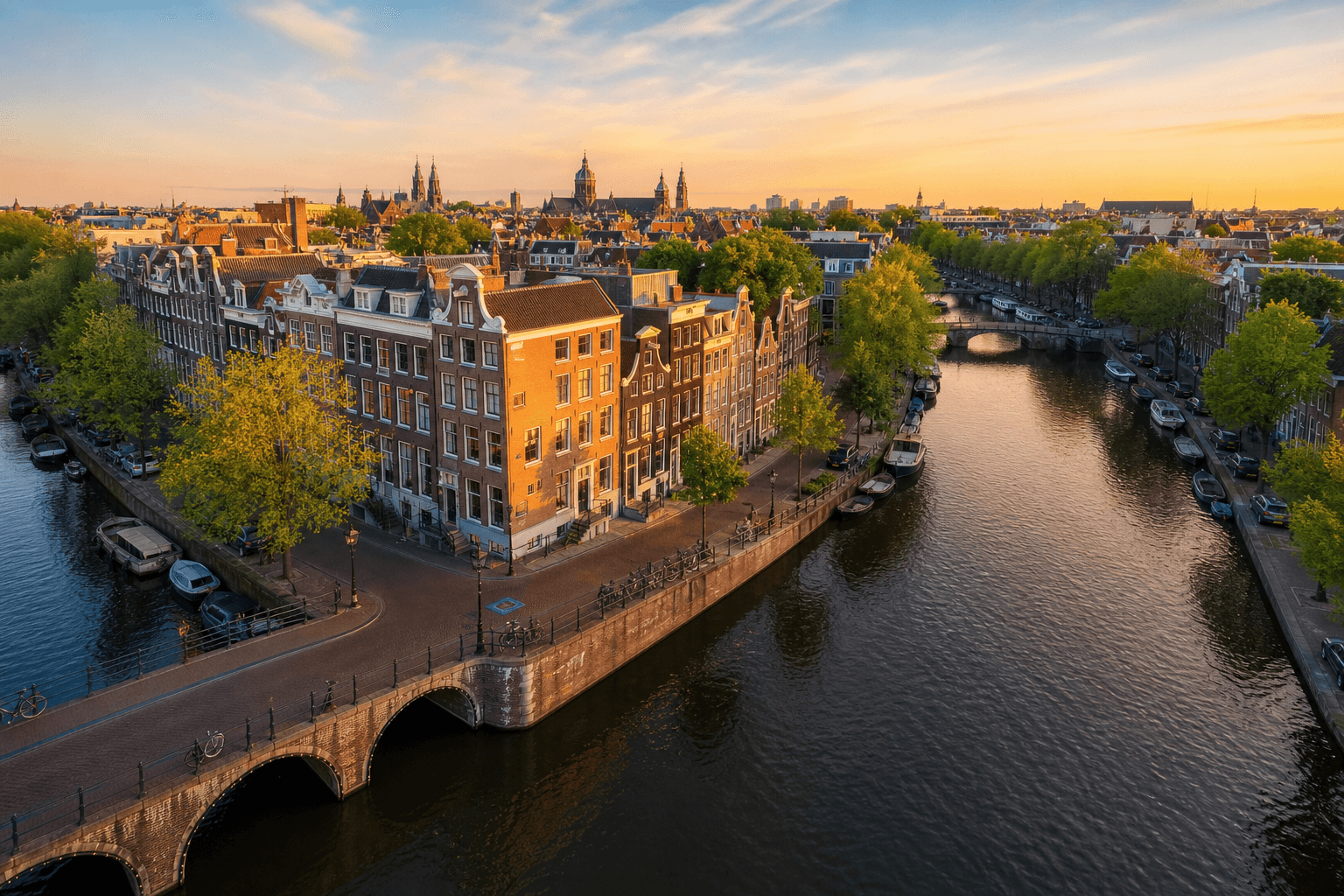 Aerial view of Amsterdam canal ring at golden hour with 17th-century gabled canal houses