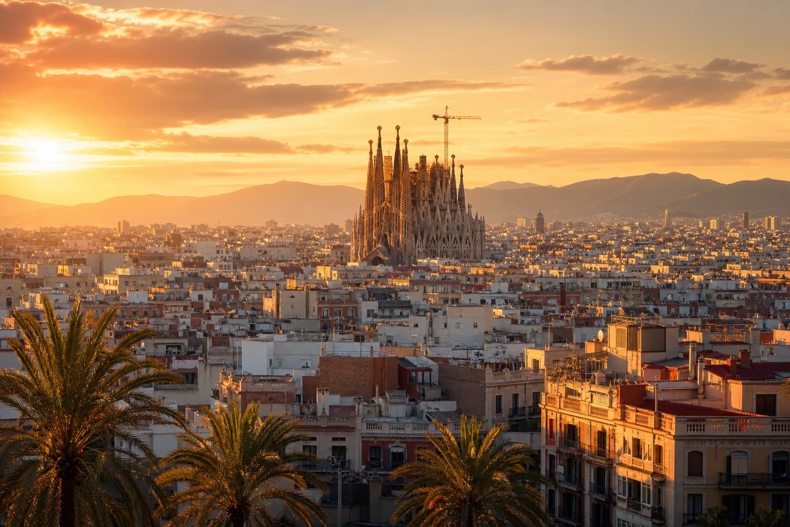 Barcelona at golden hour with Sagrada Familia silhouette, terracotta rooftops and Mediterranean light