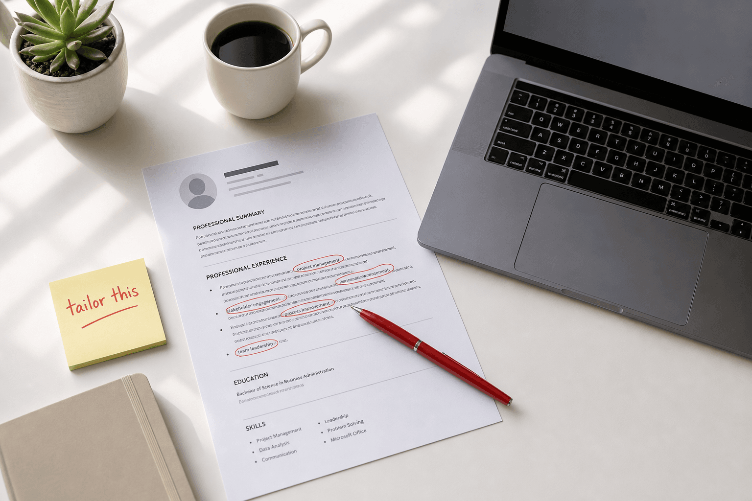 CV document with keywords circled in red pen beside a laptop and sticky note reading tailor this