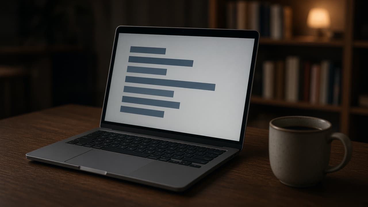 A laptop on a dark wood desk at night displaying an abstract horizontal bar chart, a ceramic coffee mug beside it and a blurred bookshelf behind
