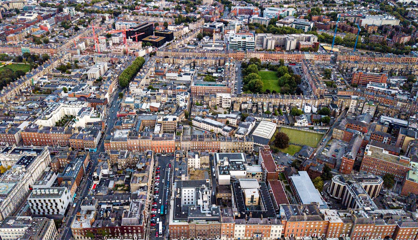 Aerial view of Dublin city centre and rooftops