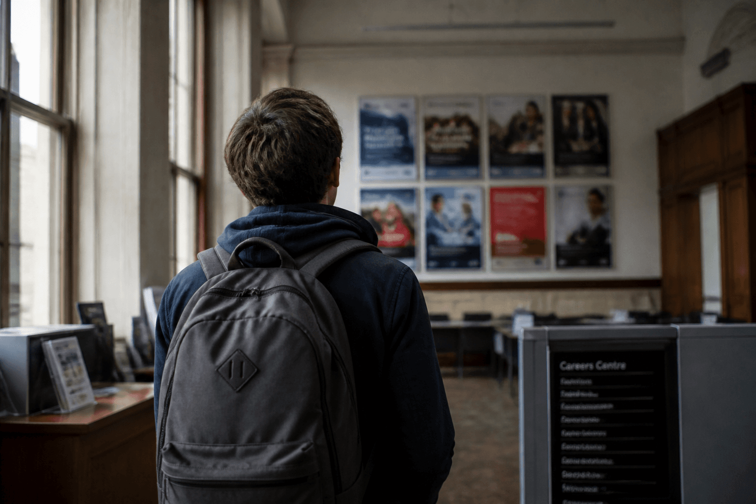 Graduate seen from behind in a university careers centre, looking toward out-of-focus employer posters on a far wall, natural window light