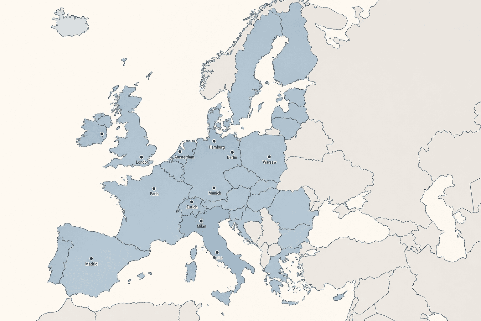 Editorial map of Europe marked with graduate employment hubs across career paths