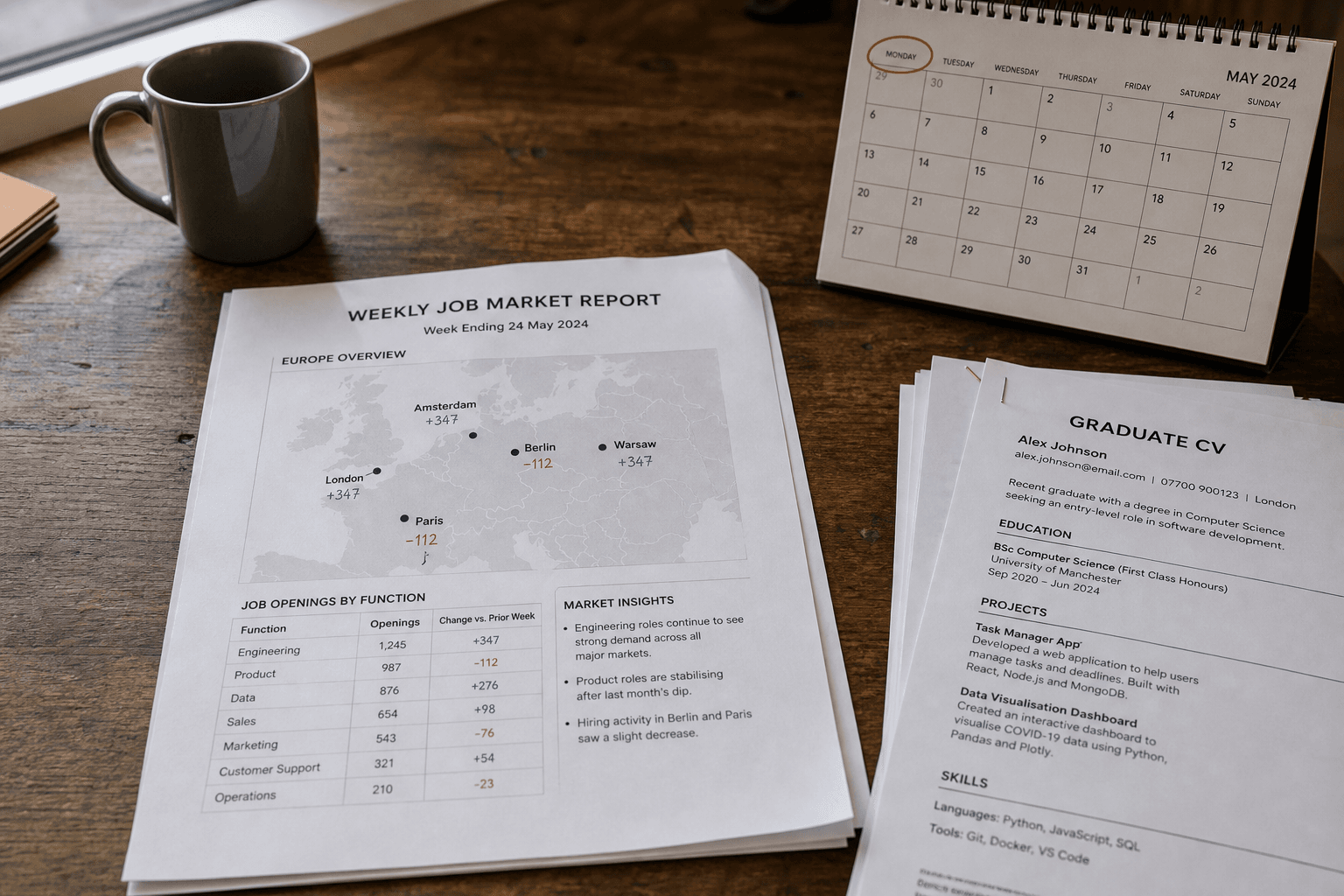 Desk with a printed weekly job market report, Europe map with handwritten city seat changes, Monday calendar and graduate CV stack