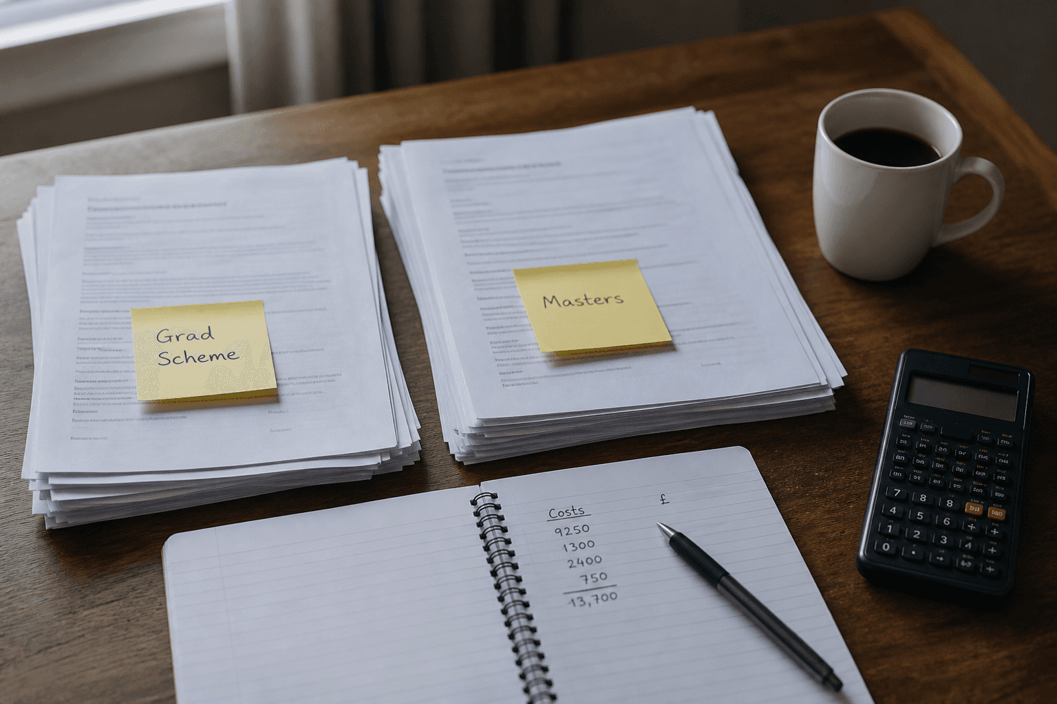 Two stacks of paper on a wooden desk labelled Grad Scheme and Masters with sticky notes, a notebook with a handwritten cost column, a calculator, a pen, and a cup of coffee