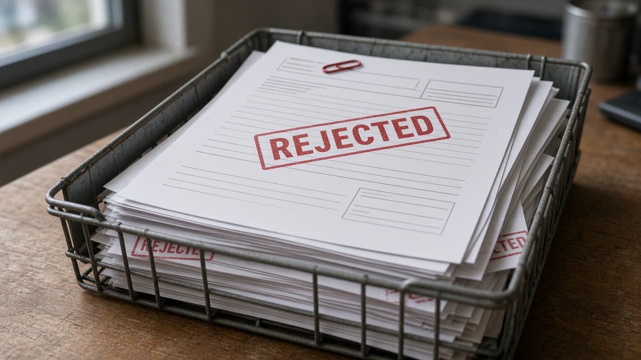 A red REJECTED rubber-stamp mark across the top sheet of a thick stack of printed application forms in a metal wire office in-tray