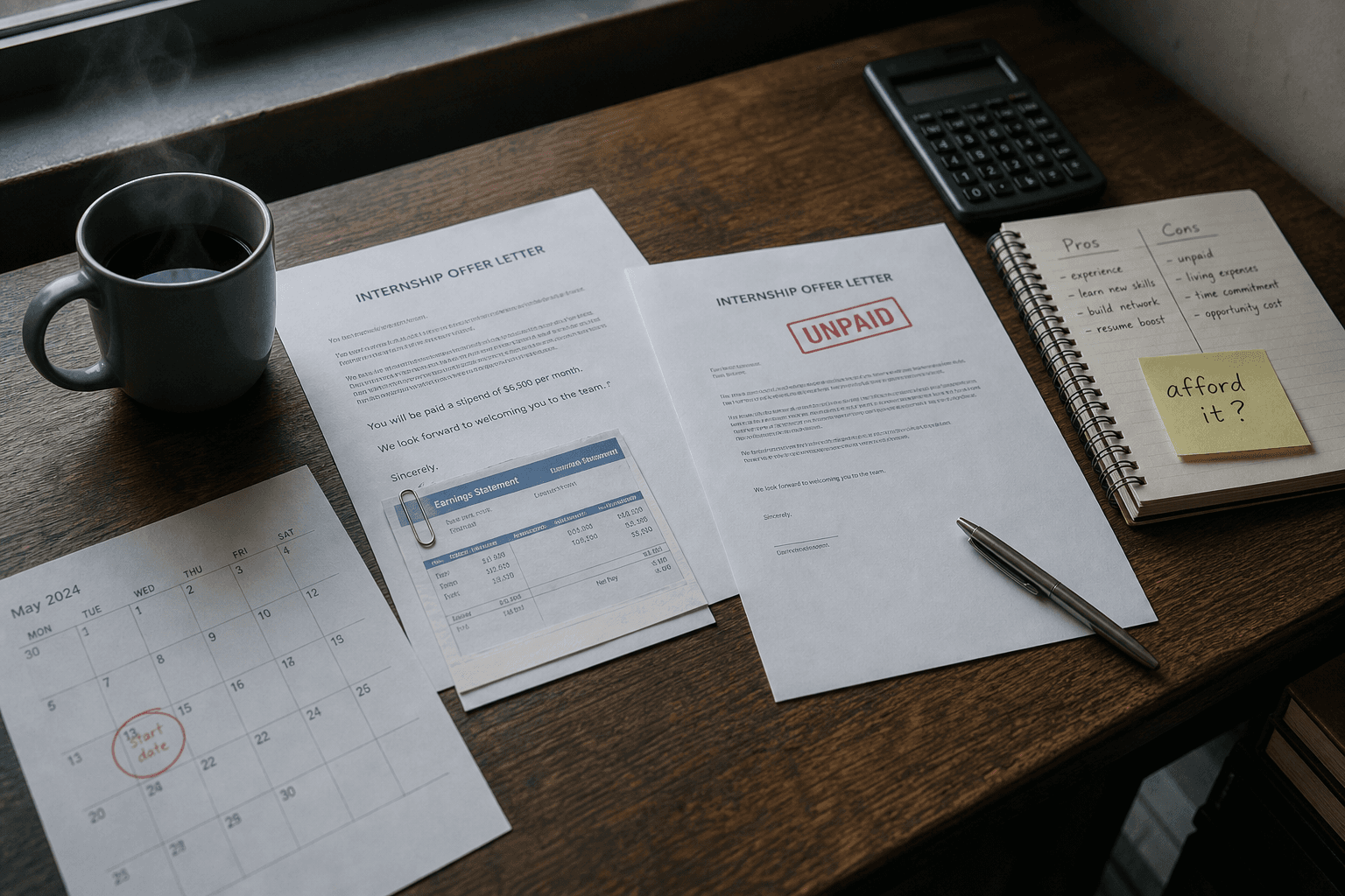 Two internship offer letters side by side on a wooden desk, one with a paid stipend and payslip clipped to it and one stamped UNPAID, beside a calendar with a start date circled, a notebook pros and cons list, a calculator, and a cup of coffee