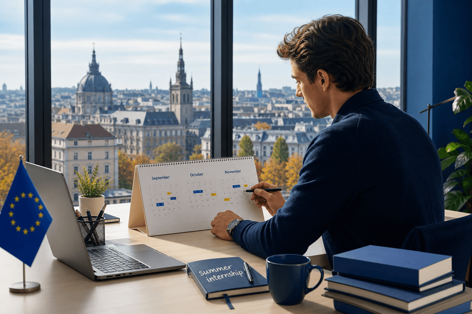 Young professional at a modern European office desk reviewing a September to November application calendar, EU flag beside laptop, city skyline through floor-to-ceiling windows