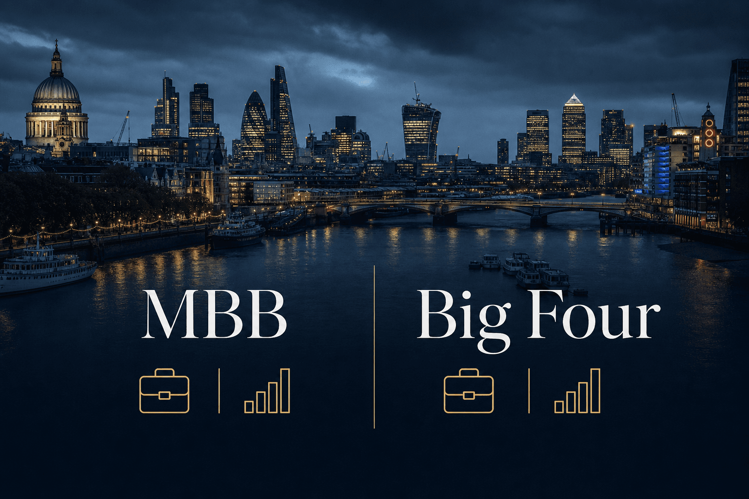 London city skyline at dusk across the Thames with MBB and Big Four graphic overlay in white and gold on dark navy background
