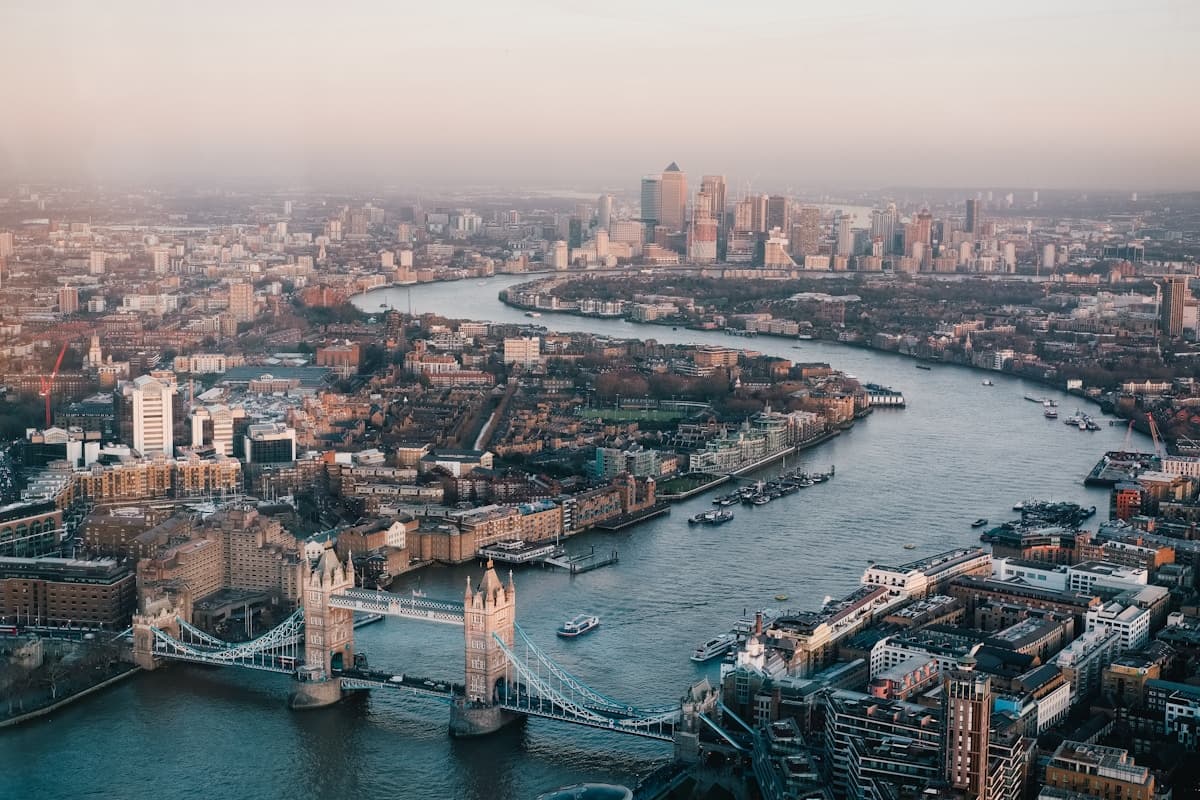 London financial district skyline across the Thames at dusk