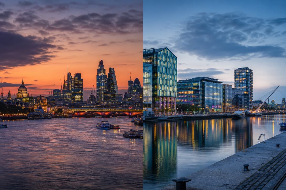 Split view of London Thames financial skyline and Dublin Grand Canal Dock offices at dusk