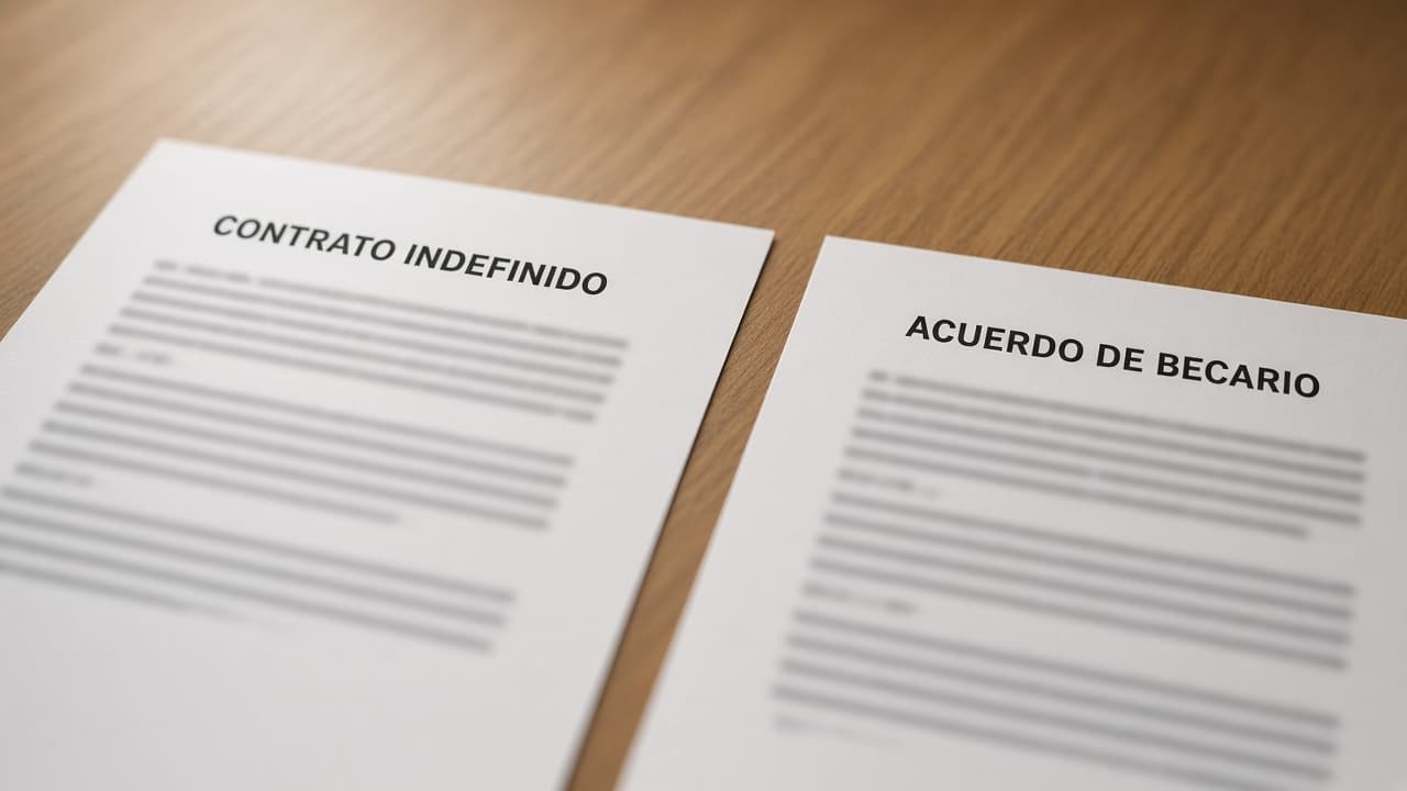 A one-page Spanish contrato indefinido employment contract beside a shorter becario internship agreement on a plain wooden desk, body text softly out of focus