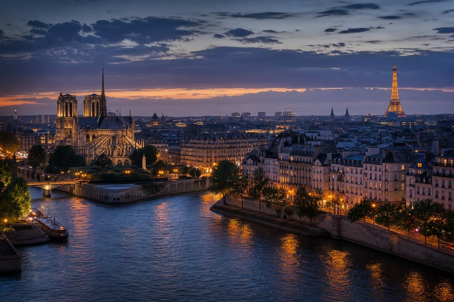 Paris at blue hour over the Seine with Île de la Cité and Haussmann rooftops, soft distant Eiffel Tower glow