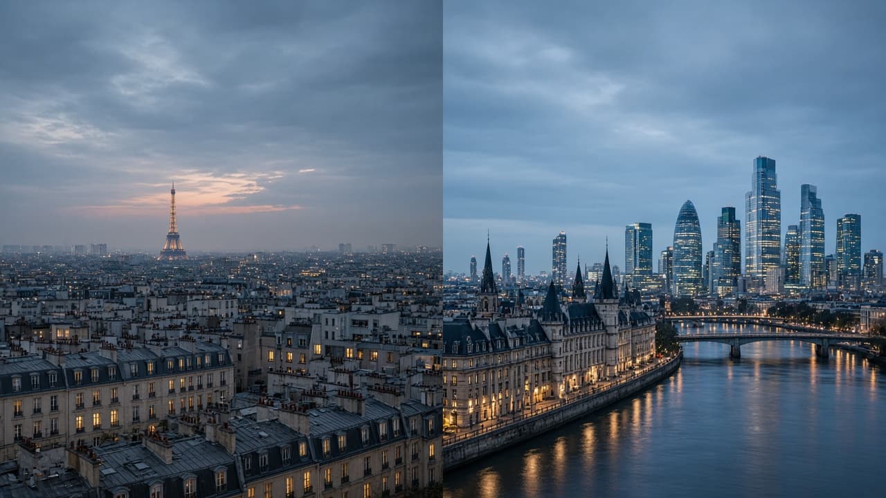 Split-frame at blue hour: Paris rooftops with a distant Eiffel Tower glow on the left and London's Thames financial skyline on the right