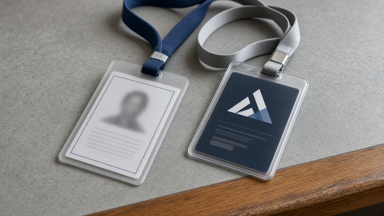 Two ID lanyard passes lie side by side on a desk: a plain unbranded civil-service-style pass and a glossy corporate-branded pass