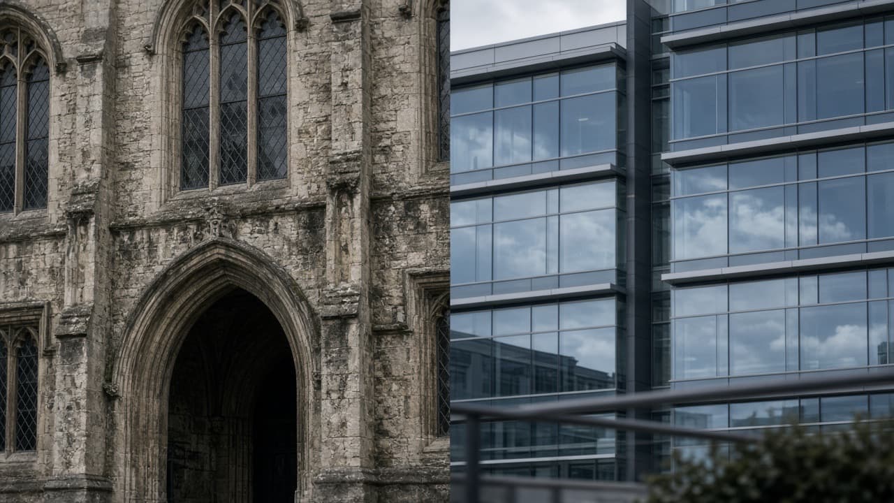 Split composition of a weathered stone Gothic collegiate archway beside a modern glass-and-steel campus building facade, shot in matching overcast daylight