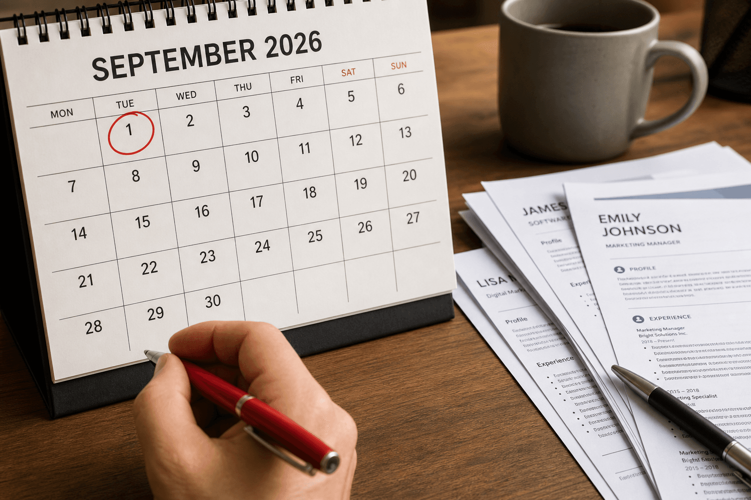 September 2026 desk calendar with the 1st circled in red pen, stacked CVs and resumes beside it on a wooden desk