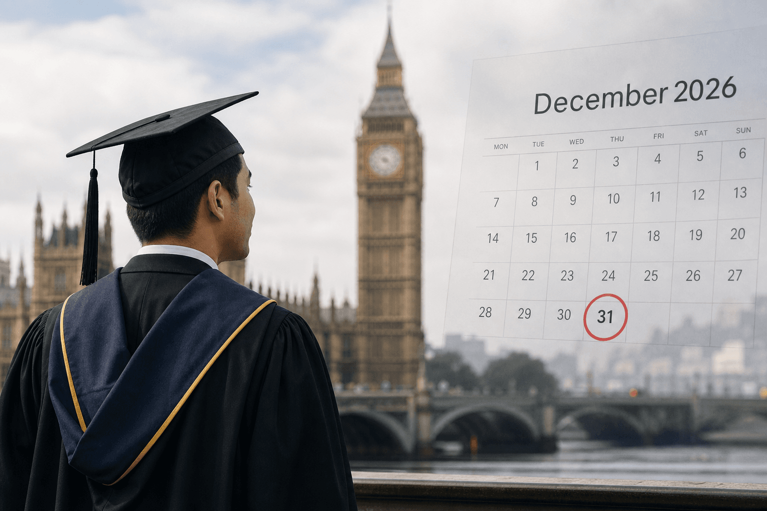 Graduate in academic gown and mortarboard looking towards the Palace of Westminster, with a December 2026 calendar showing the 31st circled in red