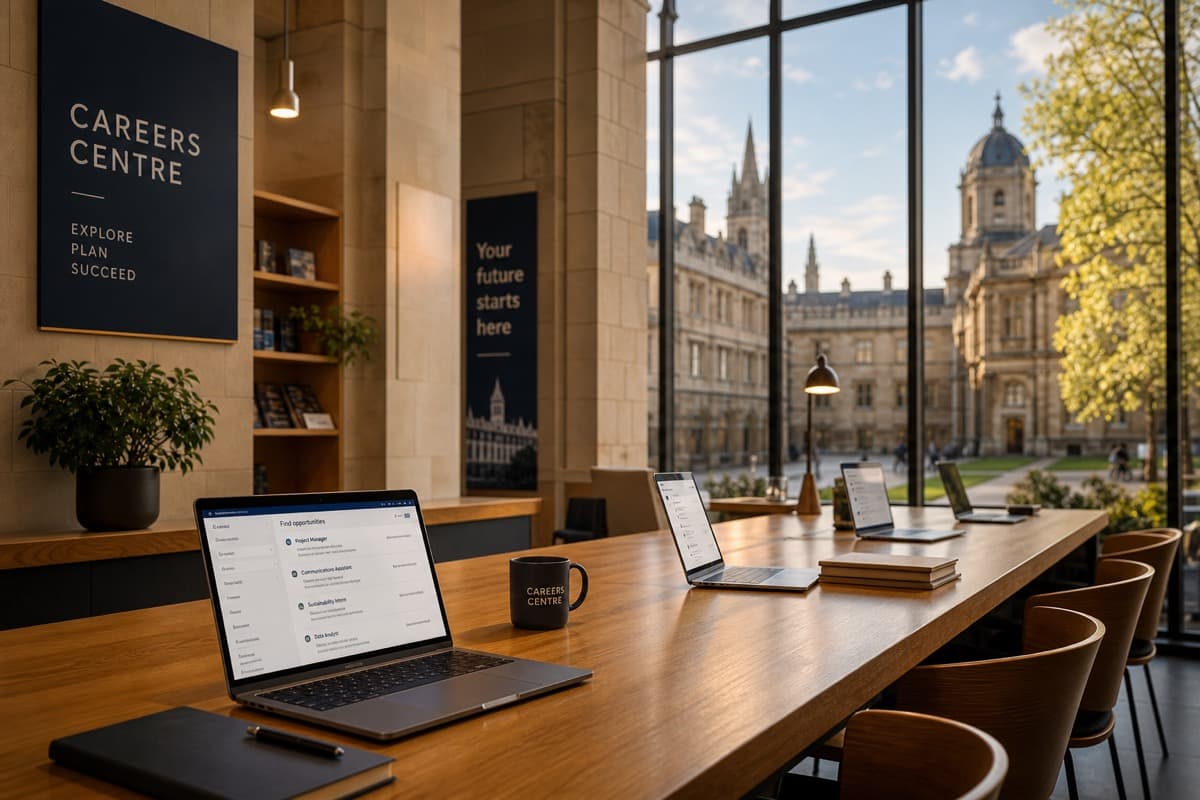 European university careers centre desk with open laptops for graduate job search, tall windows onto a campus courtyard