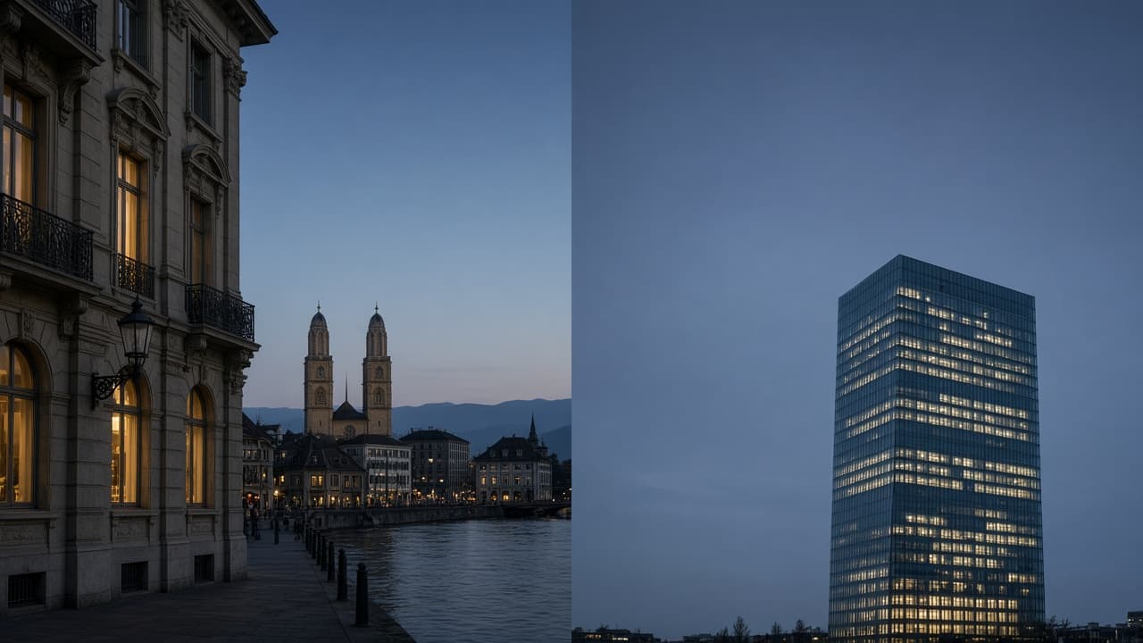 Split-frame at blue hour: an ornate Bahnhofstrasse Zurich facade with the Grossmunster twin towers across the Limmat on the left, and a Canary Wharf London glass office tower on the right